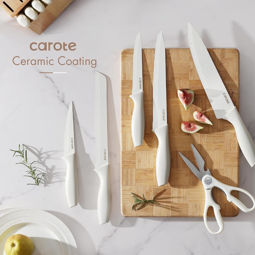 15-Piece Knife Set, Wood Block with Built-In Sharpener, Cream | Stainless Steel Knives, Ceramic Nonstick Coating