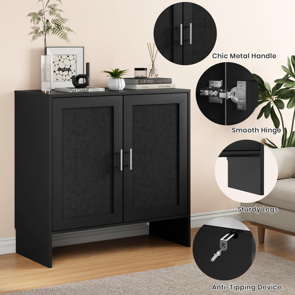 Buffet Storage Cabinet, Farmhouse Sideboard with Black Rattan Doors & Adjustable Shelf, 31.5" Narrow Coffee Bar