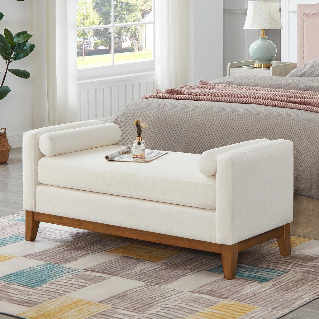 Large 51" L Boucle Bench Ottoman with 2 Bolster Pillows & Solid Wood Frame, Upholstered End of Bed Daybed Seating