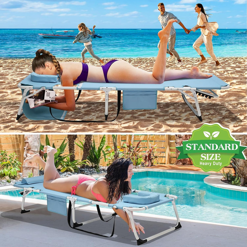 Folding Lounge Chair with Face Opening - Adjustable Outdoor Reclining Tanning Chair with Mattress, Heavy-Duty Sun