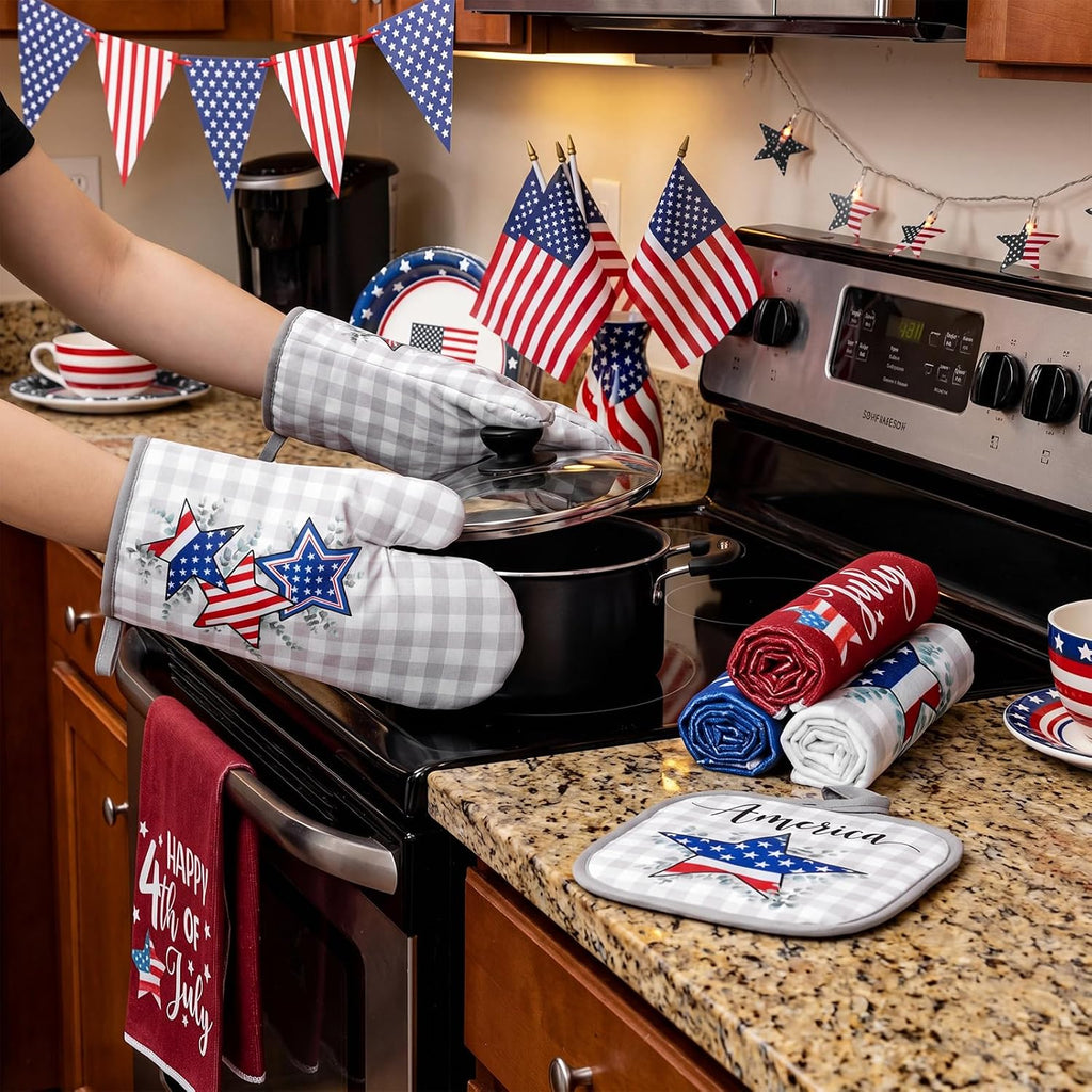 10 Pcs Patriotic Kitchen Decor and Accessories Set Star Pattern 4th of July Kitchen Towels Pot Holders Oven Mitts
