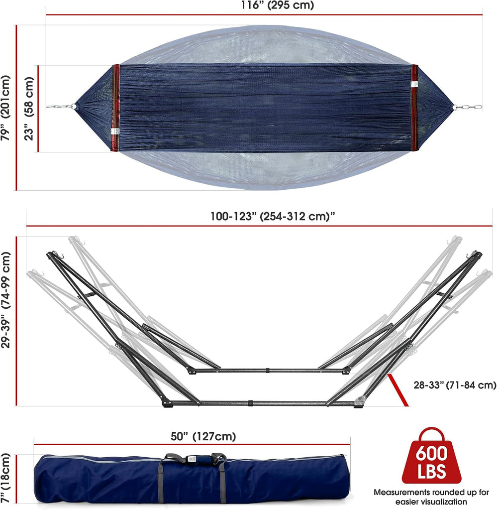 Adjustable Hammock Stand, Collapsible Camping Hammock with Stand, 600 lbs Capacity Steel Double Hammock Stand for 2