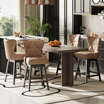 Swivel Counter Height Bar Stools Set of 4, Tall Faux Leather Barstools, Modern Bar Chairs with Solid Back and Wood