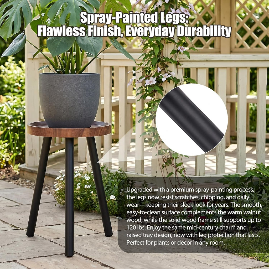 Mid Century Wood Plant Stand - 120 lbs Heavy Duty Plant Stand with Raised Tray & Spray Painted Legs, Solid Wood Side