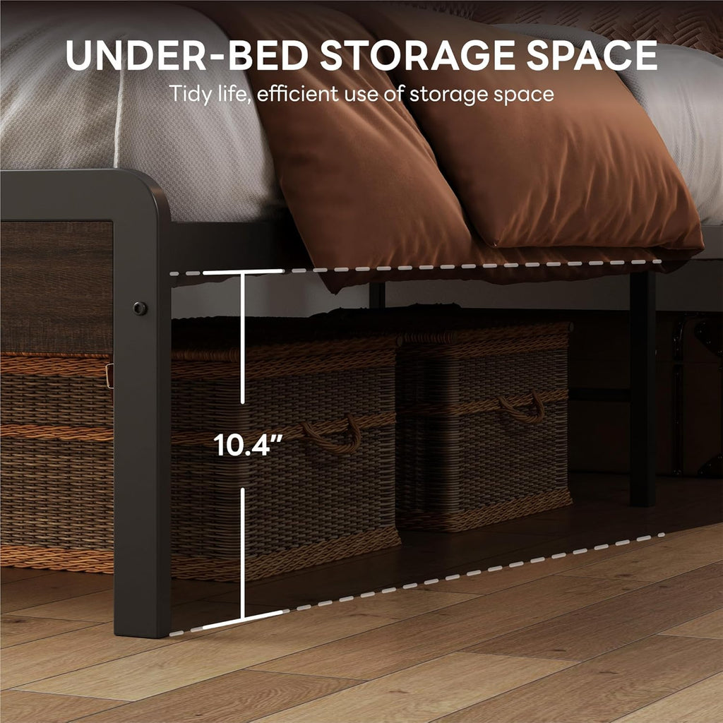 King Bed Frame with Headboard, Dark Wood Camas King with Strong Supports, Sturdy, Noise-Free, No Box Spring Needed