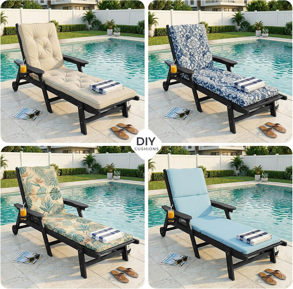 HDPE Pool Lounge Chairs Set of 2 with Wheels & Cup Holder, 6-Position Adjustable Outdoor Lounge Chair, Easy 20-Min