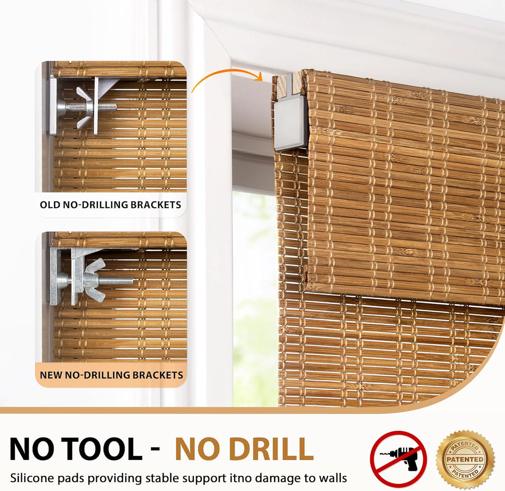 No Drill Bamboo Roman Shades, 34x64, Ceylon Light Russet | Light Filtering Window Treatment, No Tools Cordless Roll