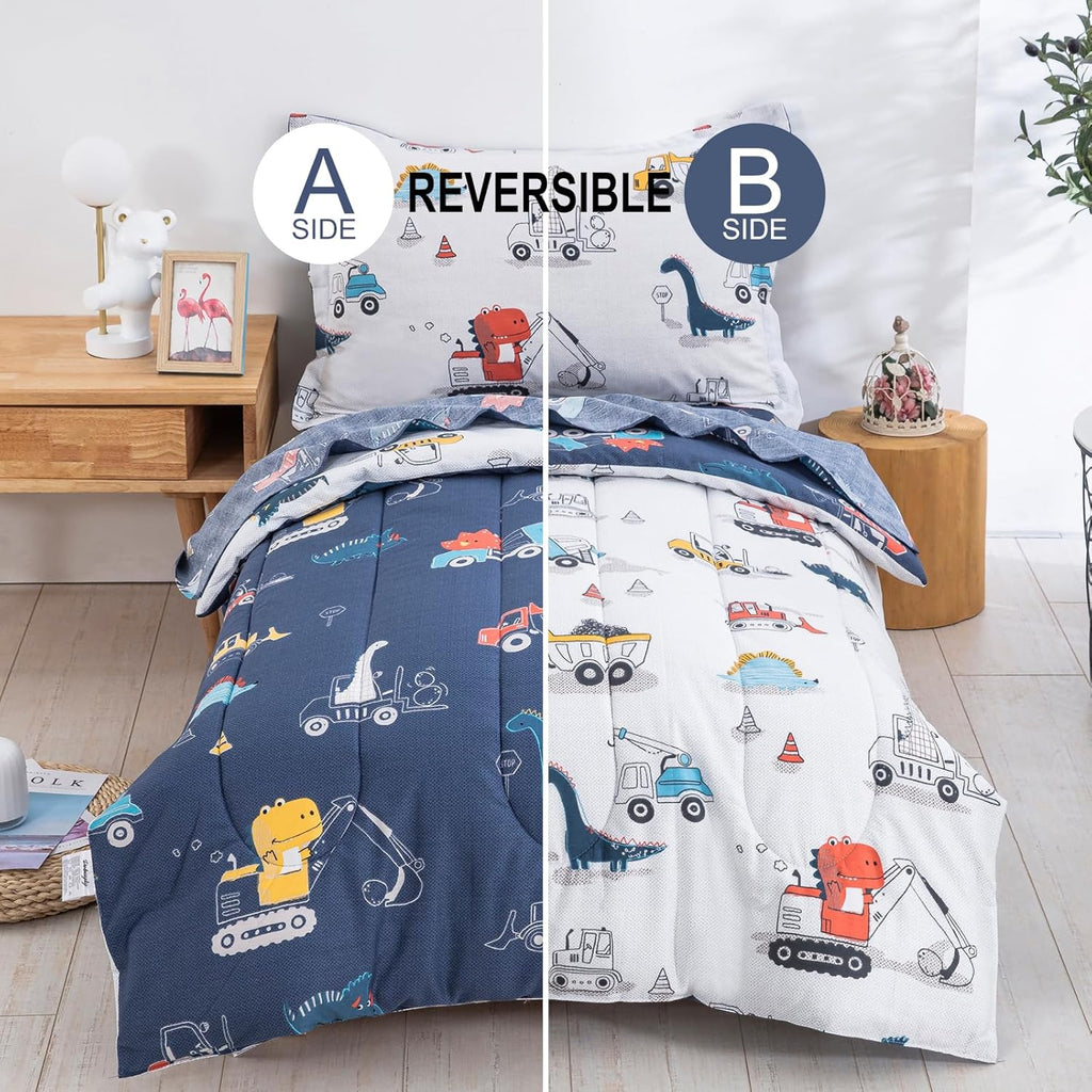 Cotton Twin Bedding Set, Dinosaur Cars Reversible Twin Comforter Set for Kids Boys Girls, 4 Pieces Bed in a Bag