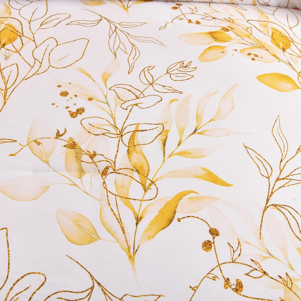 Yellow Botanical Comforter Set Queen, 7 Pieces Floral Bed in a Bag Gloden Leaves Bedding Set Soft Microfiber Queen(1