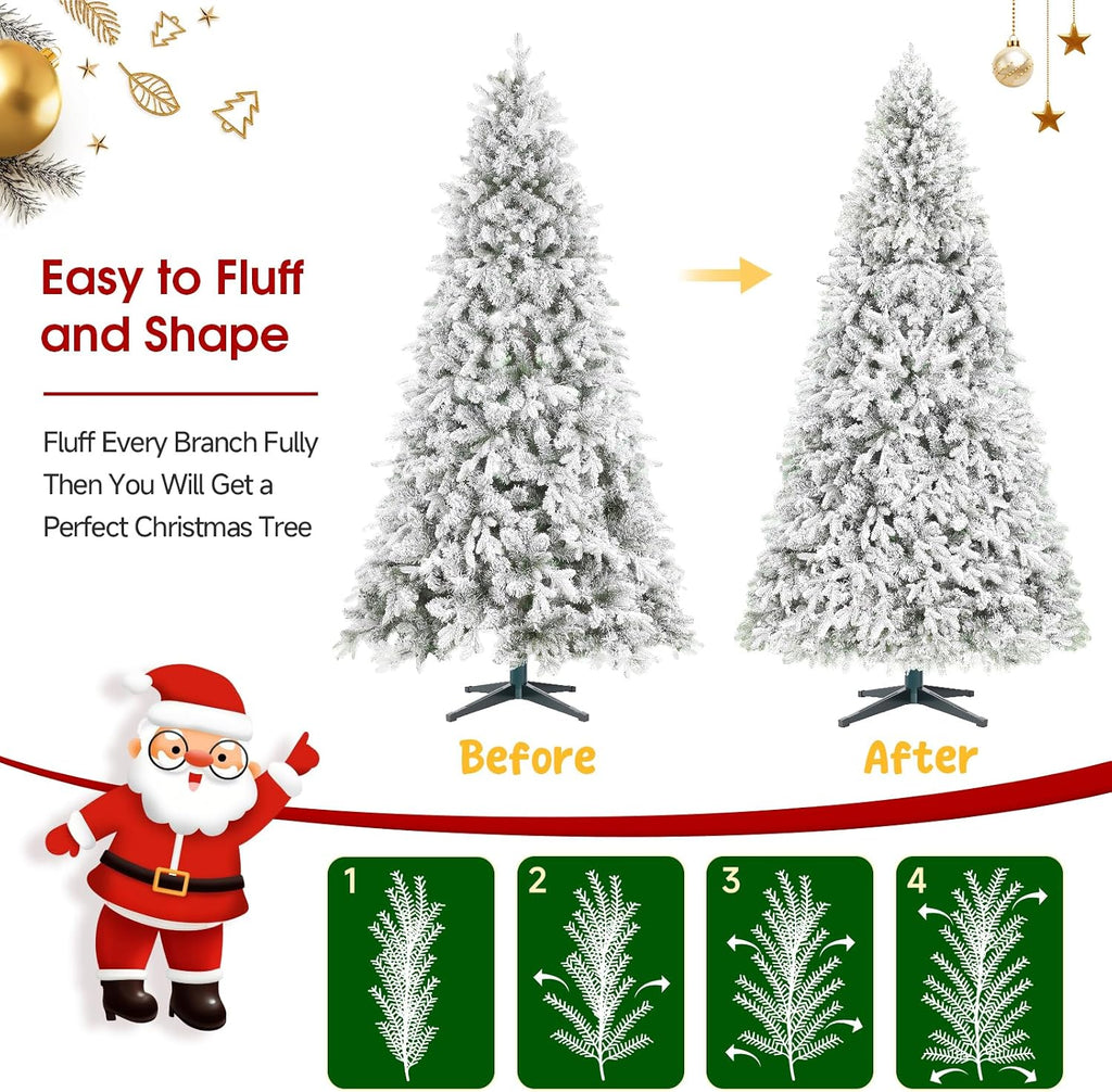 9FT Pre-lit Artificial Christmas Tree with Remote, Warm White+Multicolor 8 Modes Snow Flocked Xmas Light with 2512