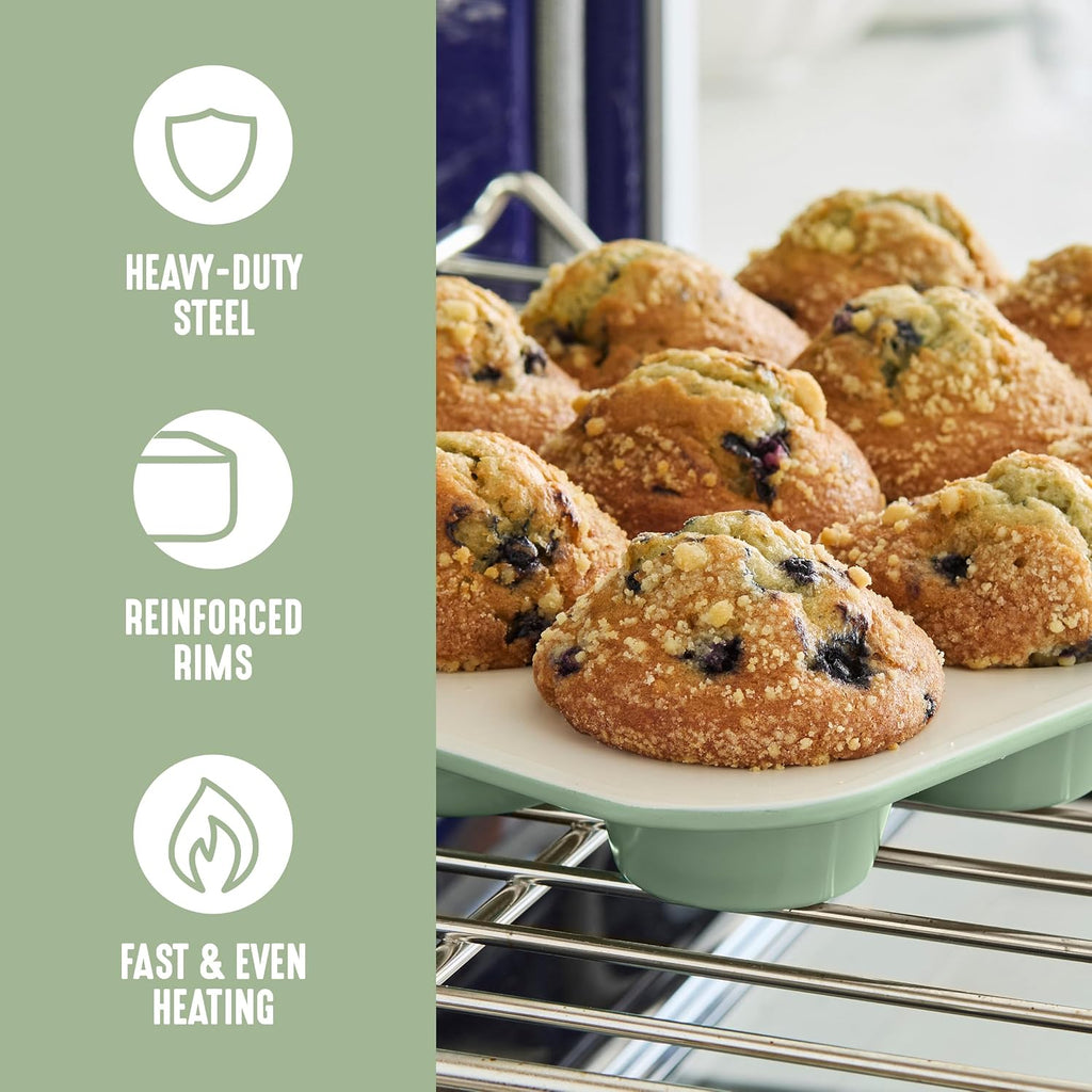 6 Piece Ceramic Nonstick Oven Bakeware Set, Sage | PFAS-Free Ceramic Nonstick, Set, Cookie Sheet, Loaf, Cake & Muffin