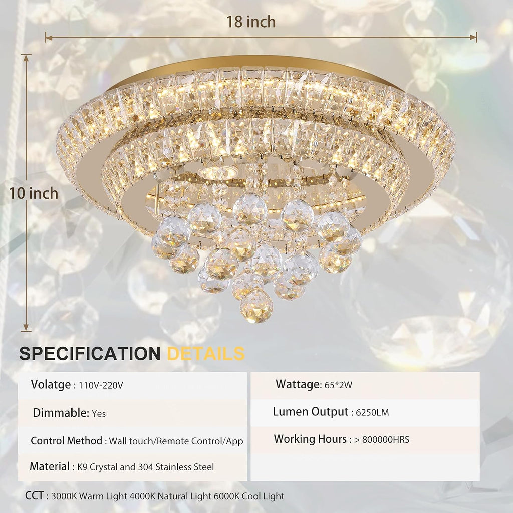18 inch Crystal Chandeliers With Remote and APP Control, Modern Luxury Flush Mount Gold Ceiling Light, 3CCT Dimmable
