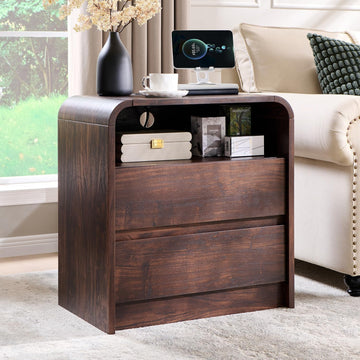 25" Tall Modern Nightstand with Charging Station, 23.6'' Wide Wood Bedside Table w/2 Storage Drawers, Large Mid