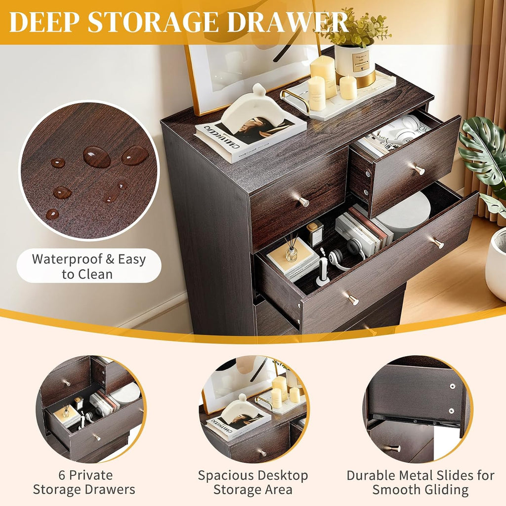 Dresser , Modern Wood Dresser Chest of Drawers, Bedroom Dressers Nightstand, Anti-Tipping Device, Rose Gold Metal