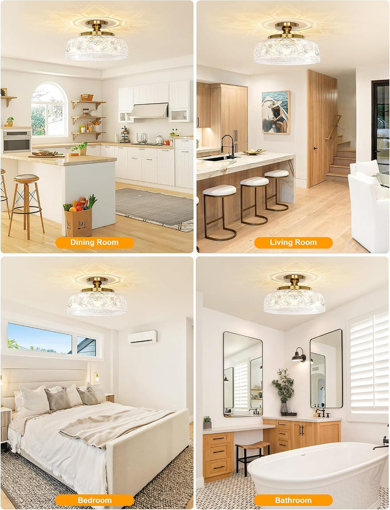 Semi Flush Mount Ceiling Light, 12 Inch Large Gold Ceiling Light Fixture, 3-Light Globe Glass Farmhouse Kitchen