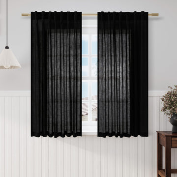 Black Linen Sheer Curtains 54 Inch Length 2 Panel Set Back Tab Pocket Semi Sheer Light Filtering Short Curtain Soft
