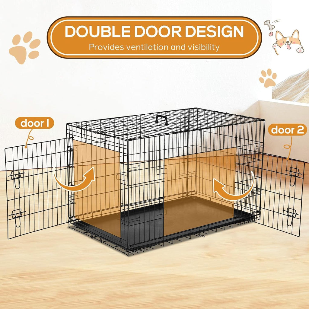 Dog Crate - 36 Inch Medium Double Door Portable Dog Cage, Metal Wire Pet Kennel with Secure Lock, Leak-Proof Pan Tray