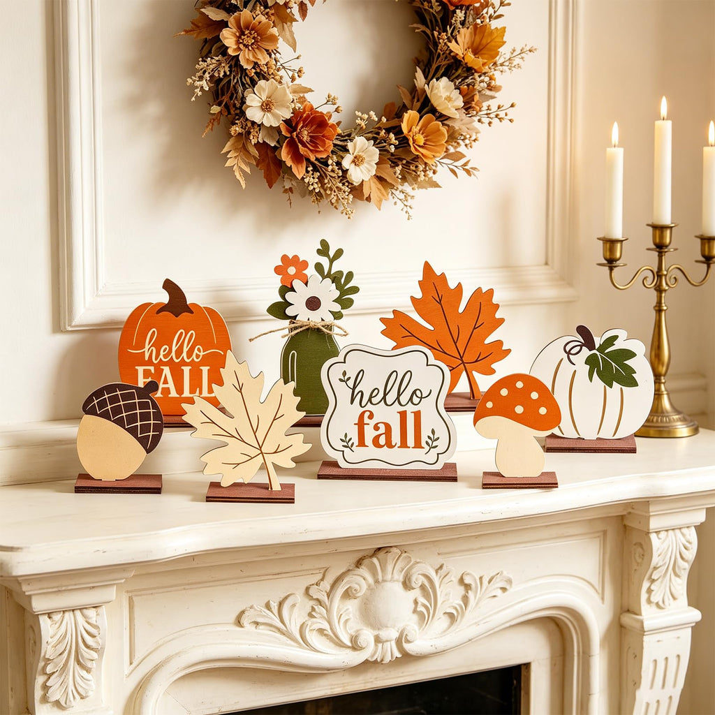 Fall Table Decor, Fall Decorations, 8PCS Wooden Hello Fall Sign, Maple Leaf, Pumpkin and Acorn Indoor Home Office