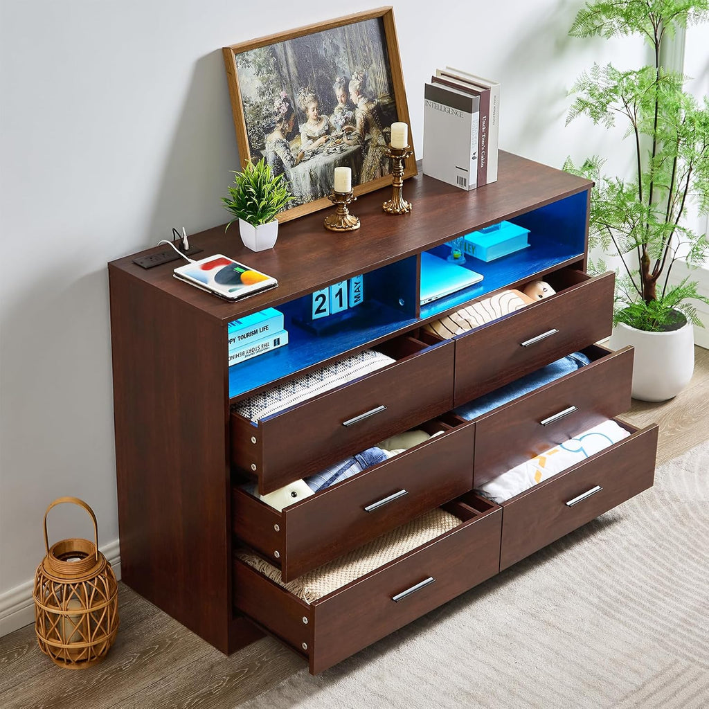 Cherry Wood Dresser , TV Stand with Charging Station & LED Light | 6 Drawer Dresser, Spacious Drawer Storage