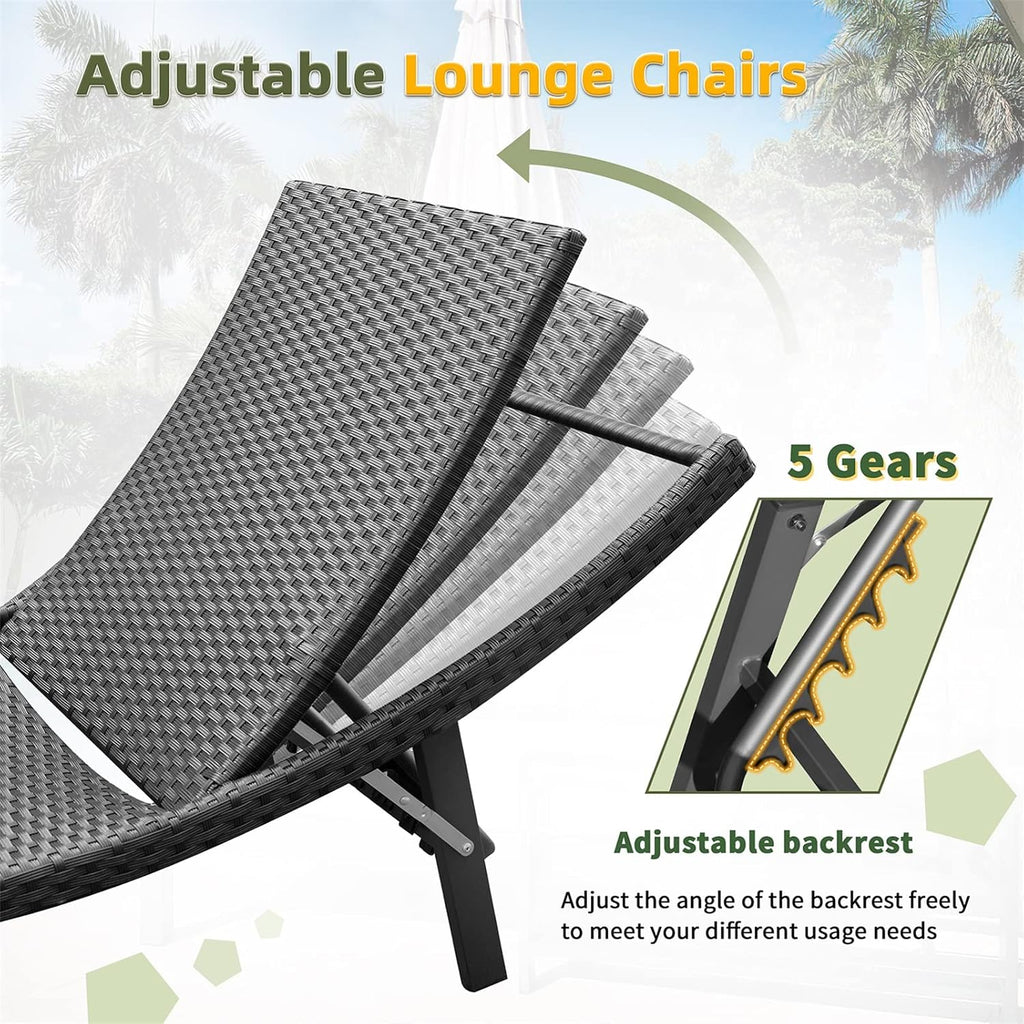 Lounge Chairs for Outside 3 Pieces Patio Adjustable Chaise Lounge Outdoor Wicker Lounge Chairs Set of 2 with Table