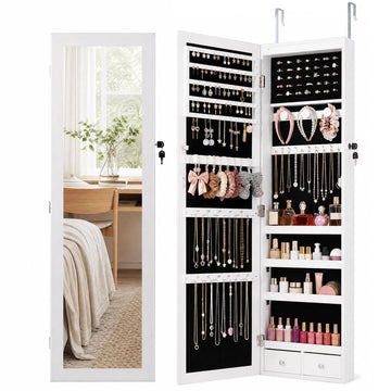 47.2" Tall Mirror Jewelry Cabinet, 6 Led Light Jewelry Armoire Organizer, Wall or Door Mounted Lockable Storage