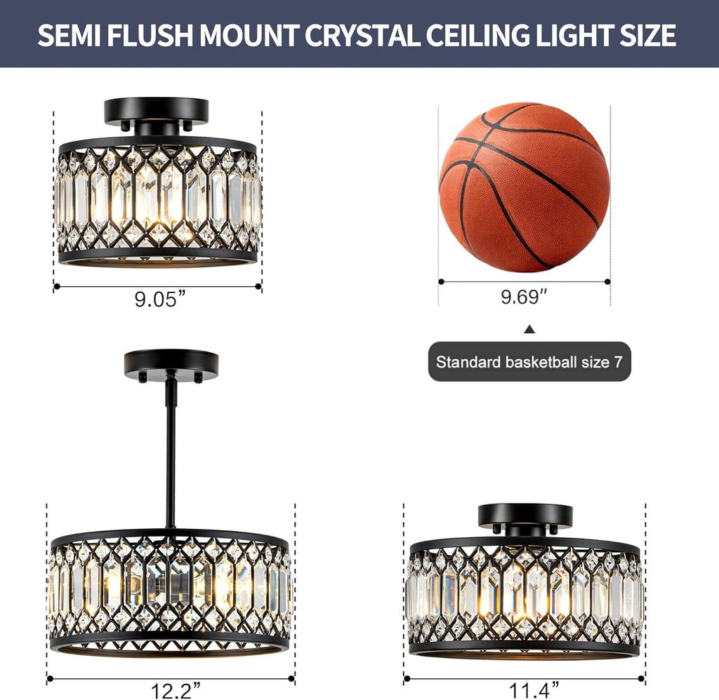 Crystal Black Ceiling Light, Modern Semi Flush Mount Ceiling Light Fixture, Round Small Chandelier Entryway Bathroom
