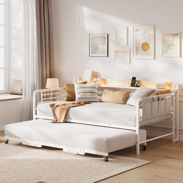 Twin Daybed with Trundle Bed, Charging Station and LED Light