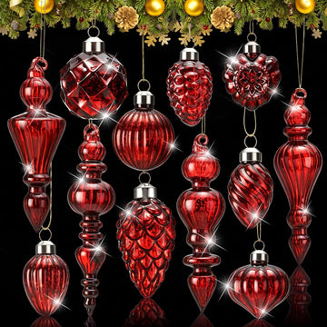 Vintage Mercury Glass Finial Christmas Ornaments, Burgundy - Set of 20
