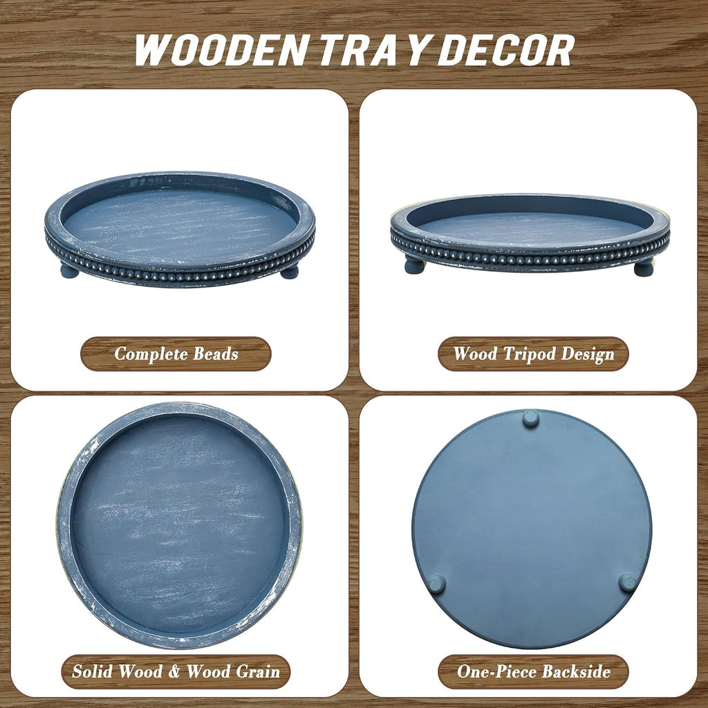 12 Inch Decorative Tray, Small Beaded Tray Coffee Table Decor, Blue Decorative Display Risers for Coffee Table