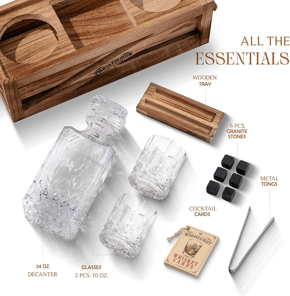 Whiskey Decanter Set - Elegant 24oz Crystal Glasses, Rustic Wood Stand, 6 Chilling Stones, Metal Tongs, Recipe Cards