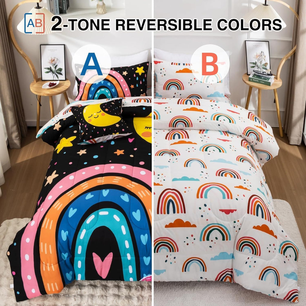 5 Piece Black Rainbow Comforter Set for Girls Boys Kids, Cartoon Cute Moon Stars Bedding Set, Bed in a Bag with - Set of 5