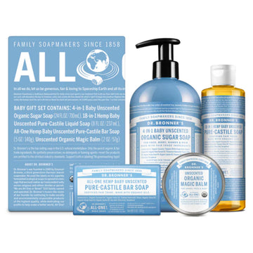 Baby Unscented Gift Set - Pure-Castile Liquid and Bar Soaps, Organic Magic Balm, and 4-in-1 Organic Sugar Pump Soap