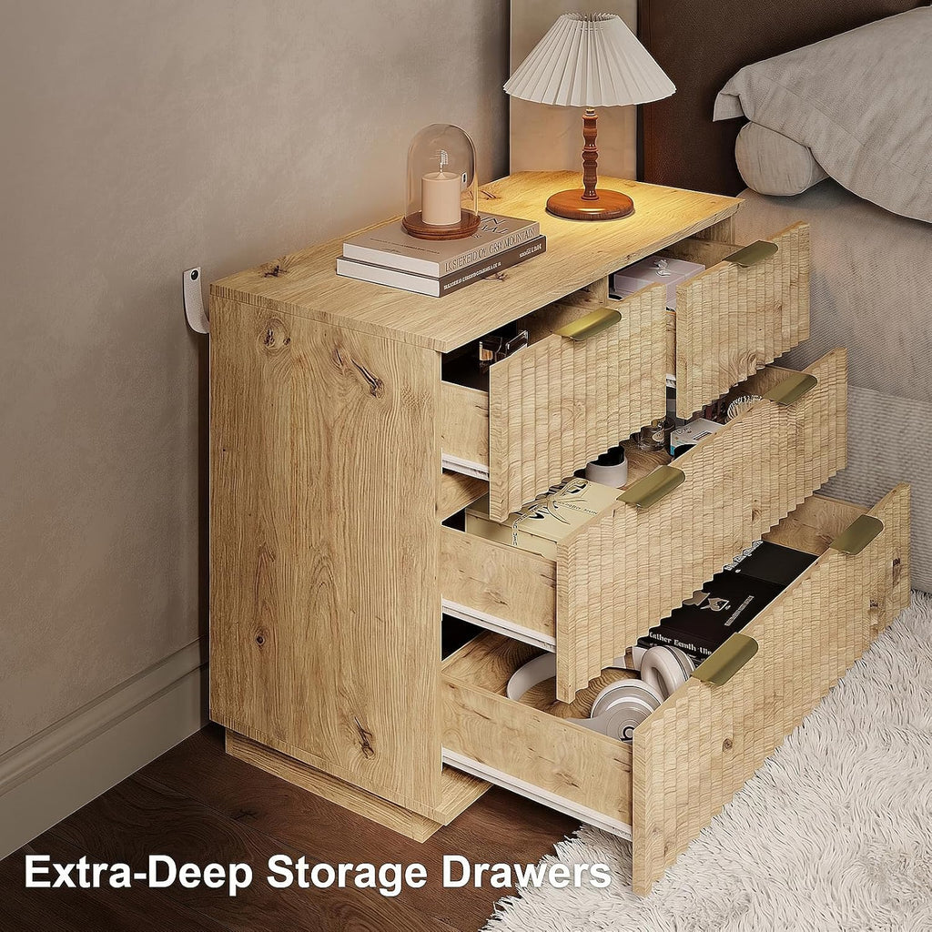 Oversized Fluted Night Stand with Drawers, Natural Wood Grain Bedside Table with 4 Extra Deep Drawers & Gold Metal
