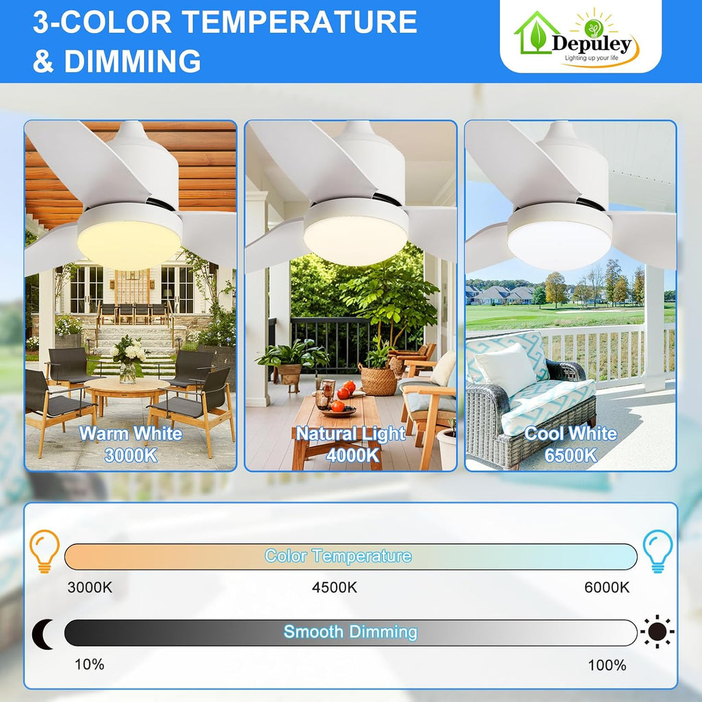 52 Inch White Waterproof Gazebo Fans with Lights Outdoor Hanging - Plug in Remote App Control for Patios Farmhouse Porch - 6 Speed Reversible DC Motor