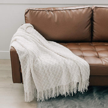 Oversized Throw Blanket | Soft, Fluffy, Cozy Decorative Knitted Boho Fringe Blankets | Ivory, Large - 50" x 60"