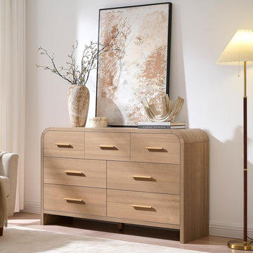 Curved 7 Drawer Dresser , 53.82'' Wide Chest of Drawers, Modern Storage Cabinet TV Stand, FSC Certified 1.18" Thick
