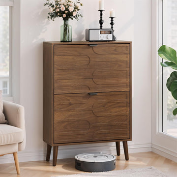 Mid-Century Modern Tilt Out Shoe Cabinet Organizer with Geometric Doors, Slim Entryway Shoe Storage, Walnut