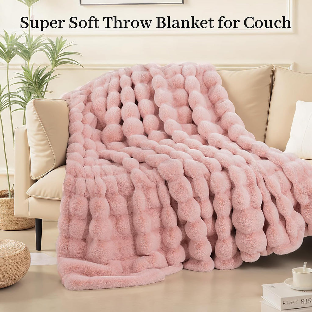 Faux Fur Throw Blanket Pink, Luxury Soft Decorative Cozy Plush Long Shaggy Fluffy Blanket, Reversible Puffy Thick