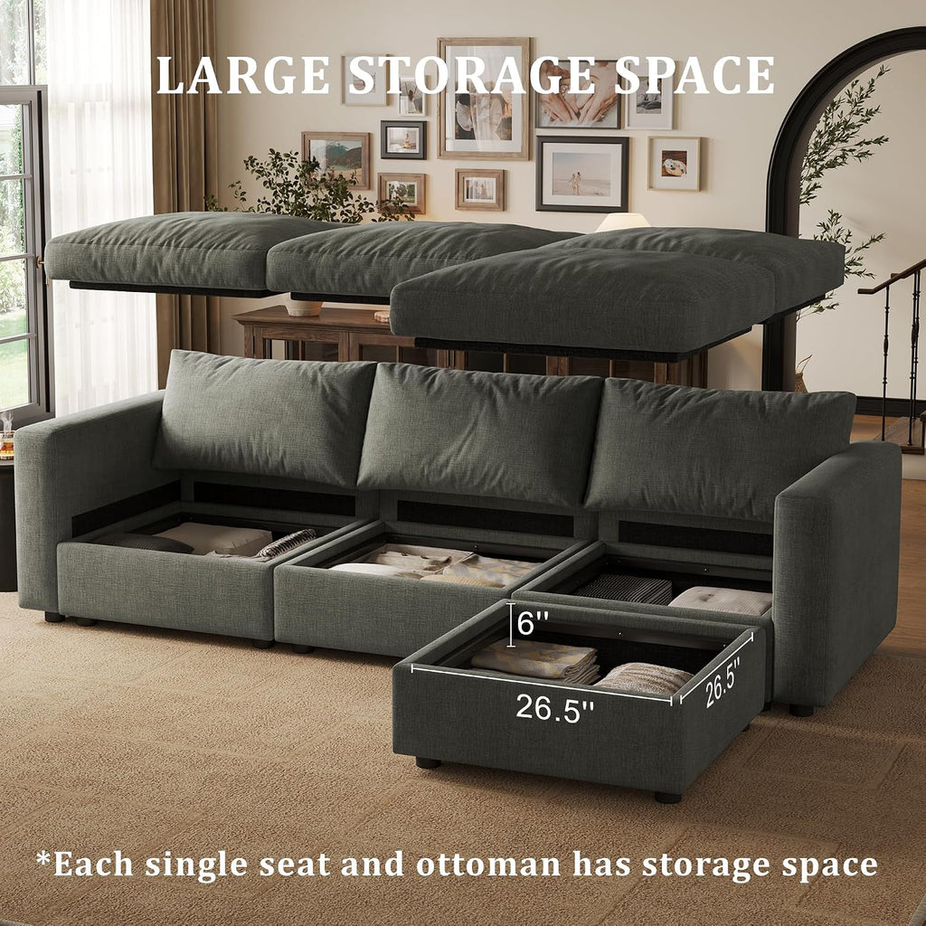 Cloud Modular Sectional Sofa Couch with Storage Ottoman, 99" Oversized Sectional Couches , Cloud Modular L-Shaped