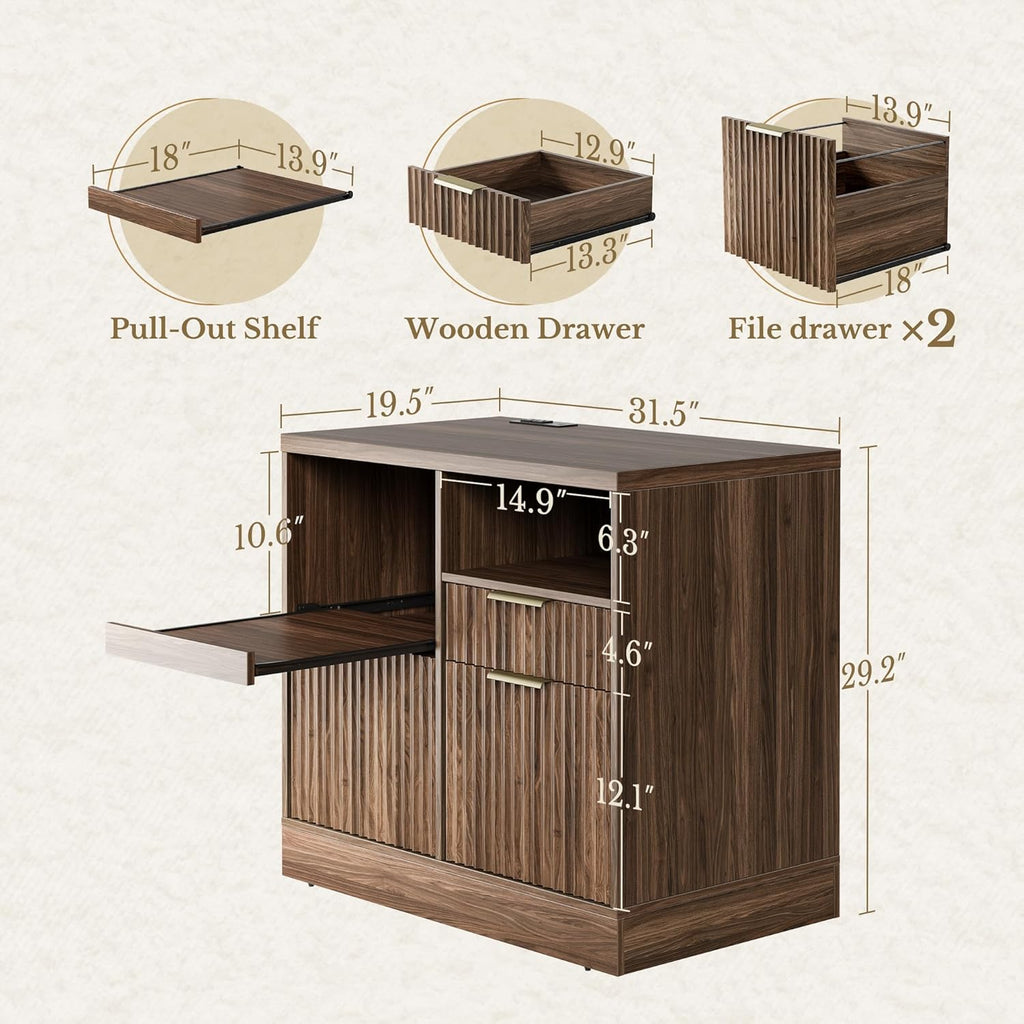 3 Drawer File Cabinet, Fluted Wood Lateral Filing Cabinet with Charging Station , Fits for A4/Letter-Sized Files