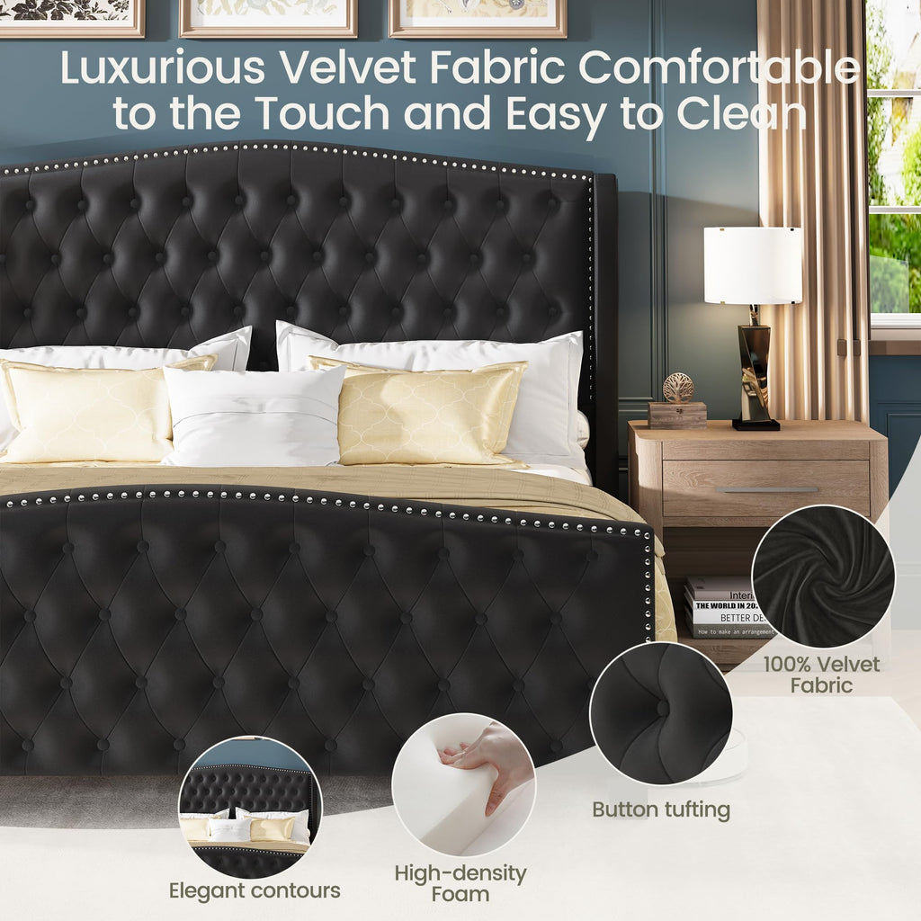 King Size Bed Frame Velvet Upholstered Platform Bed with Wingback Headboard & Footbaord, Deep Button Tufted Bed Frame