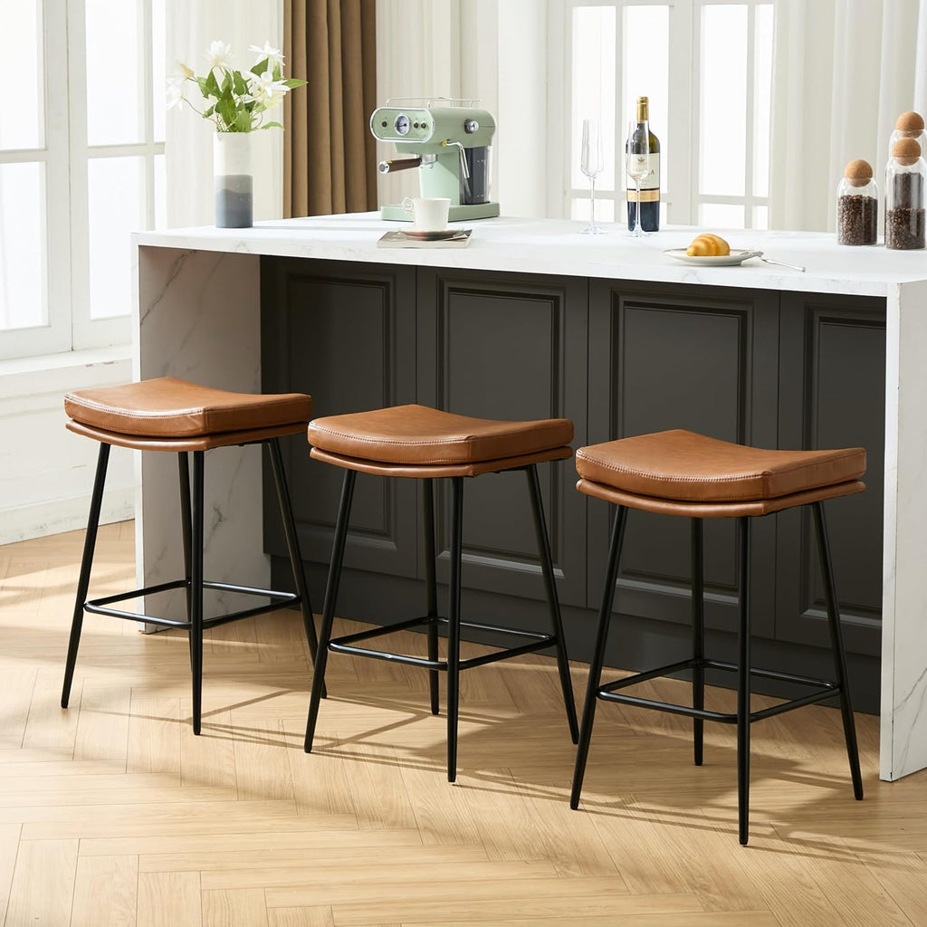 Saddle Bar Stools Set of 3,Counter Height Bar Stools Counter Farmhouse Modern Faux Leather Barstools with Upholstered