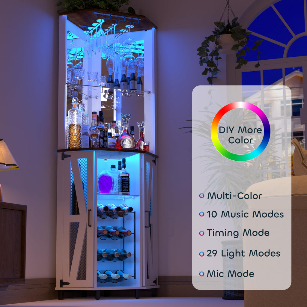 68.9" Tall Corner Bar Cabinet, Wine Bar with LED Light and Mirror