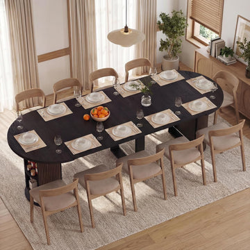 Modern Extendable Round Dining Table, 38.6" to 110.2" Expandable Fluted Table for 2-12 People with Storage, Space