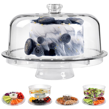 Acrylic Cake Stand with Dome Lid, 12.2 Inch 6-in-1 Clear Cake Plate Carrier with Handle, Crystal Display Holder