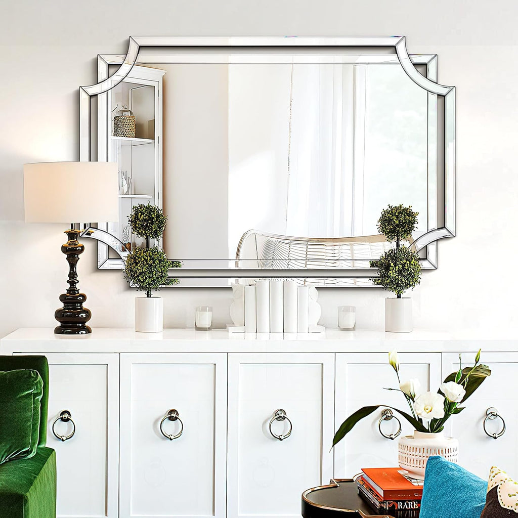 32" x 47" Large Wall Mirror Decor, Modern Unique Decorative Mirror with Beveled Glass Scalloped Corner, Horizontal or