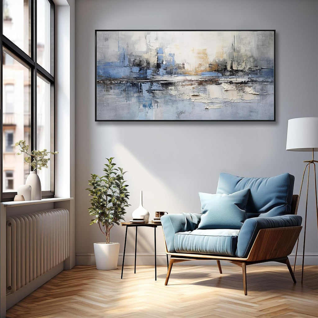 Abstract Wall Art Blue and White Reflection Framed Artwork Wall Decor Canvas Painting Stretched Canvas