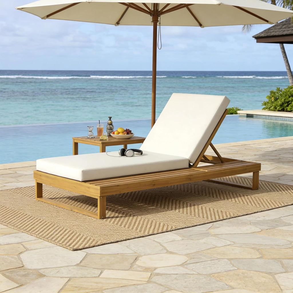 Acacia Wood Chaise Lounge Chair with 3-Fold Cushion, Outdoor Chaise Lounge with 4-Position Adjustable Backrest
