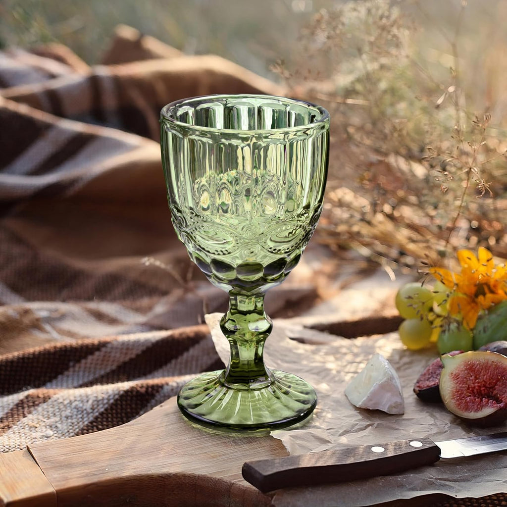 Green Vintage Wine Glasses,Clear Water Goblet Glasses with Embossed Serpentine Pattern,Stemmed Colored Glassware Set