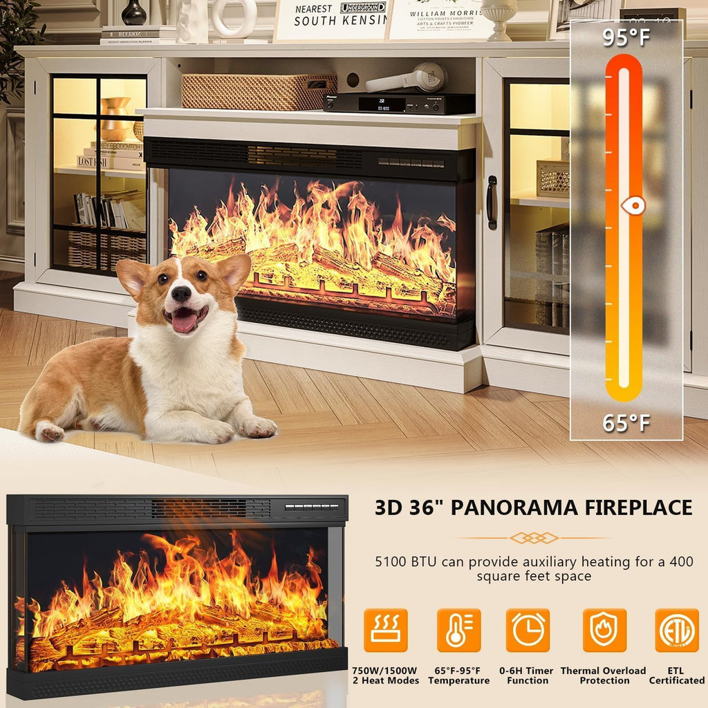 80'' Fireplace TV Stand, Farmhouse Entertainment Center with 3 Sided Glass TV Stand, Modern Media Console Table with Storage Drawers & Cabinets with LED Flame and Lights for Living Room, White